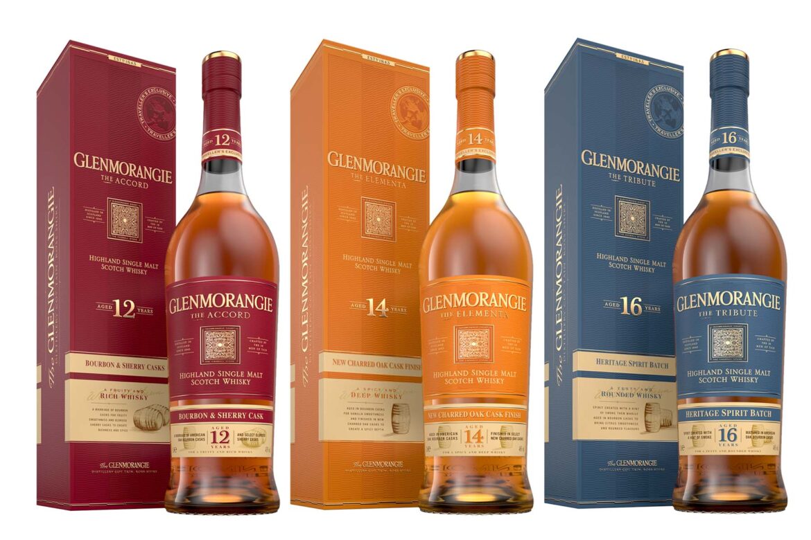 Glenmorangie travel retail exclusive single malt whiskies - The Accord, The Elementa & The Tribute bottles and gift boxes