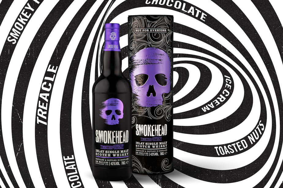 Smokehead Twisted Stout whisky bottle with packaging tin.